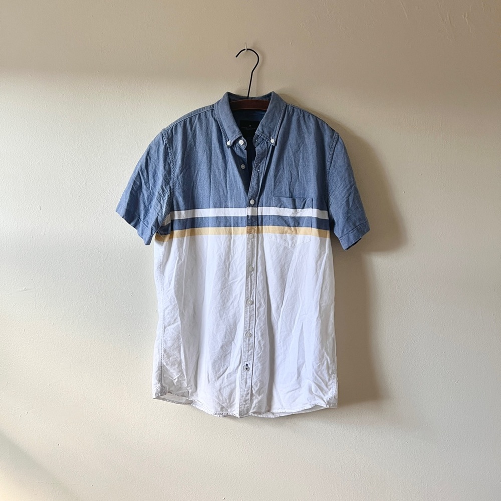American Eagle Blue White Yellow Stripe MT Tall Short Sleeve Summer Cotton Shirt